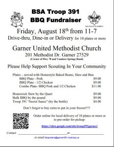 BSA Troop 391 BBQ Fundraiser @ Garner United Methodist Church | Garner | North Carolina | United States